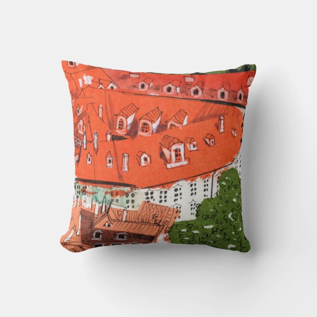 Red Roofs Prague Czech Cityscape Paper Collage Throw Pillow (Front)