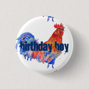 Red Rooster Blue Watercolor Birthday Boy Art  1 Inch Round Button