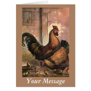 Red Rooster, Brown Hen and Baby Chicks on Straw