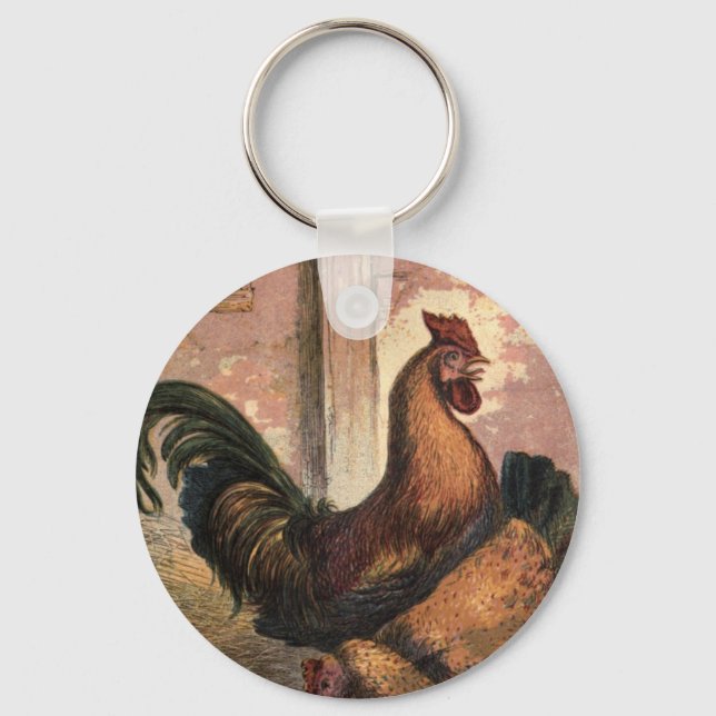 Red Rooster, Brown Hen and Baby Chicks on Straw Keychain (Front)