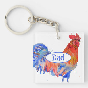 Red Rooster Chicken Blue Watercolor Painting Dad Keychain