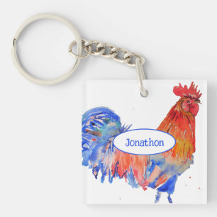 Red Rooster Chicken Blue Watercolor Painting Keychain