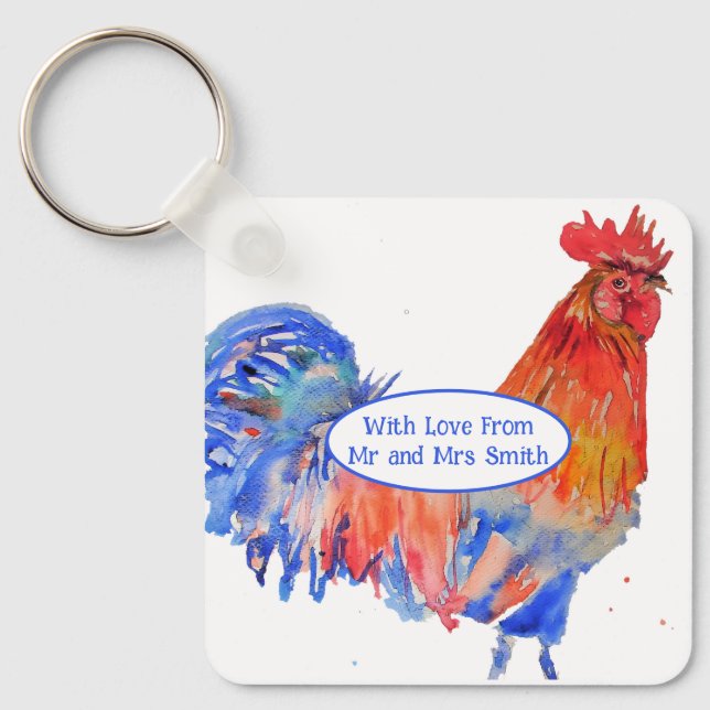 Red Rooster Chicken Blue Watercolor Wedding Keychain (Front)