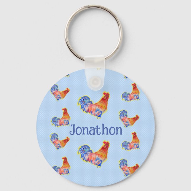 Red Rooster Chickens Boys Happy Birthday Name Keychain (Front)