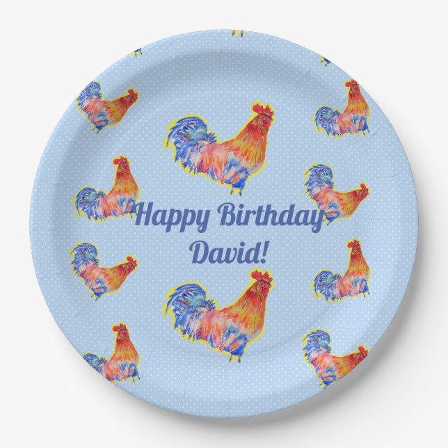 Red Rooster Chickens Boys Happy Birthday Name Paper Plate (Front)