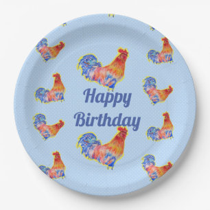 Red Rooster Chickens Boys Happy Birthday Paper Plate