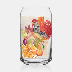 Red Rooster Country Scene Watercolor Hand-painted Can Glass