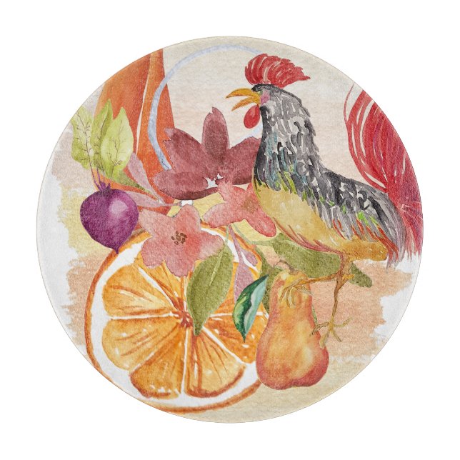 Red Rooster Country Scene Watercolor Hand-painted Cutting Board (Front)