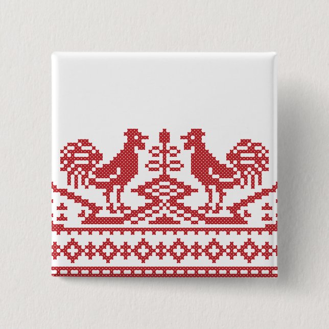 Red Rooster cross-stitch 2 Inch Square Button (Front)