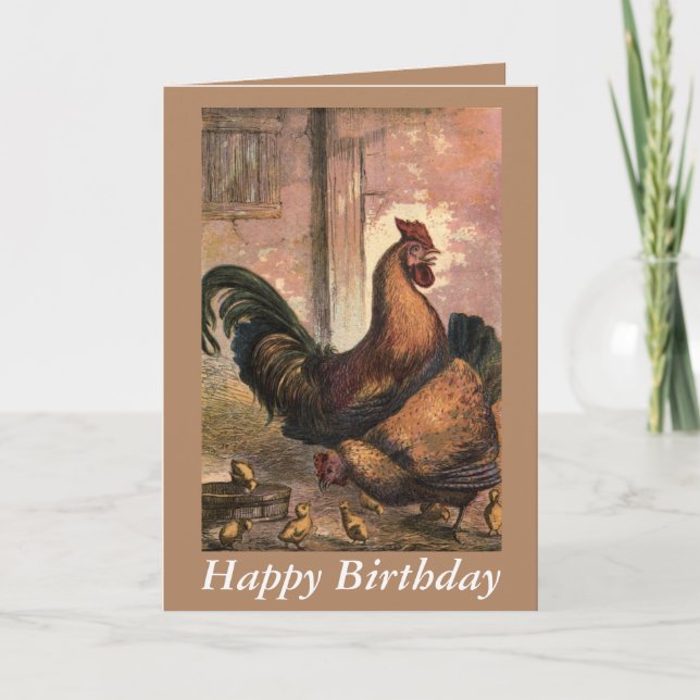 Red Rooster, Hen and Chicks Birthday Card (Front)