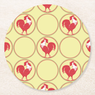 Red Rooster Medallion Pattern on Yellow Round Paper Coaster