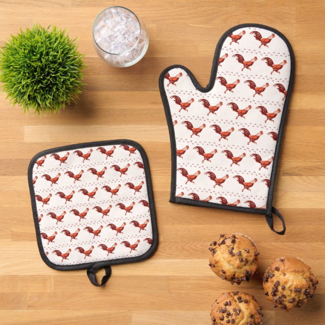Red Rooster Oven Mitt & Pot Holder Set (Top Down)