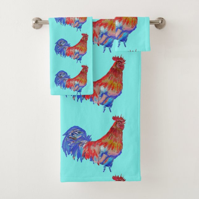 Red Rooster Roosters Chicken Blue Aqua Boys Mens  Bath Towel Set (Insitu)