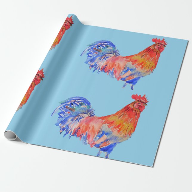 Red Rooster roosters chicken Watercolor Wrapping Paper (Unrolled)