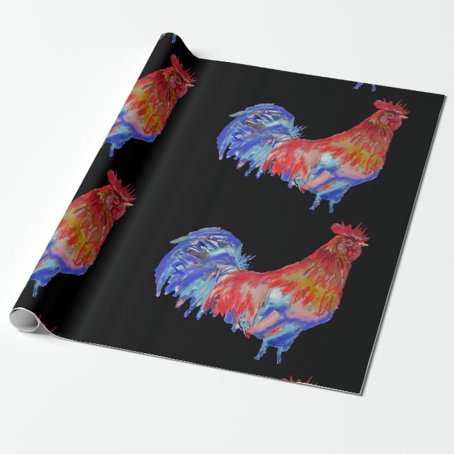 Red Rooster roosters chicken Watercolor Wrapping Wrapping Paper (Unrolled)
