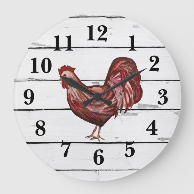 Red Rooster Shiplap Farmhouse Decor Large Clock (Front)