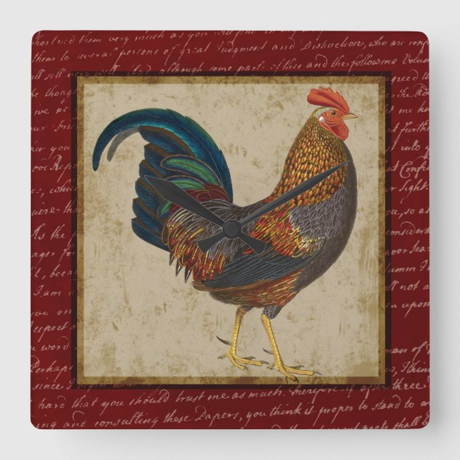 Red Rooster Square Wall Clock (Front)