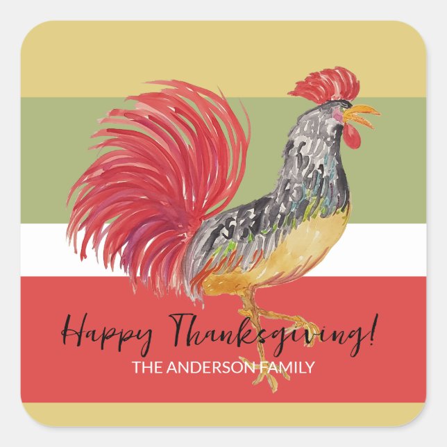 Red Rooster Watercolor Illustratin Square Sticker (Front)