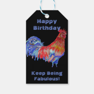 Red Rooster Watercolor Mans Name Happy Birthday Gift Tags