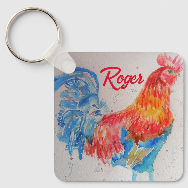 Red Rooster Watercolor Painting Art Chicken Keychain (Front)
