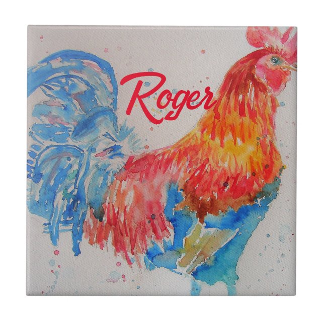 Red Rooster Watercolor Painting Art Chicken Tile (Front)