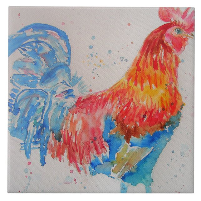 Red Rooster Watercolor Painting Art Chicken Tile (Front)
