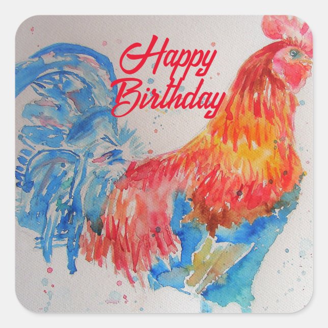 Red Rooster Watercolor Painting Birthday Day Dad Square Sticker (Front)