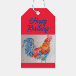 Red Rooster Watercolor Painting Happy Birthday Gift Tags