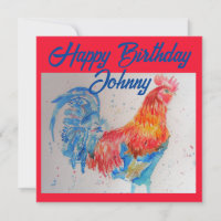 Red Rooster Watercolor Painting Happy Birthday