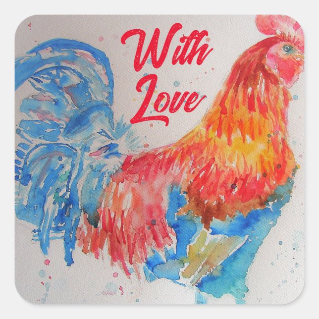 Red Rooster Watercolor Painting With Love Square Sticker (Front)