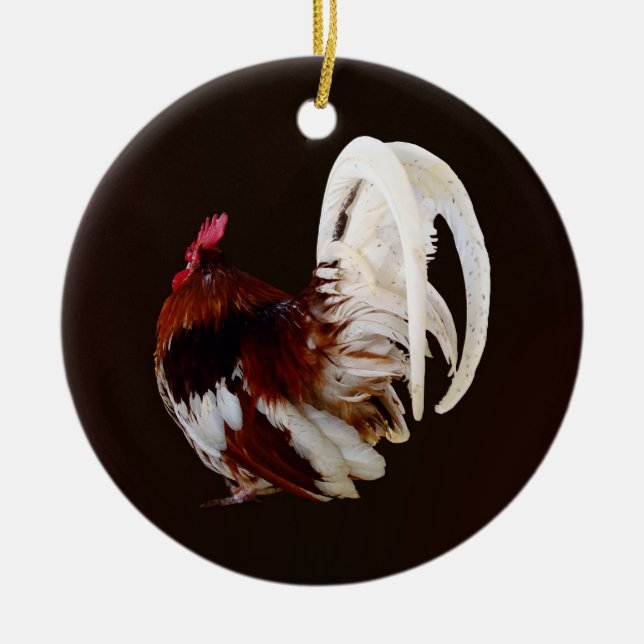 Red Rooster With White Tail Feathers Ceramic Ornament (Front)