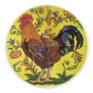 Red Rooster Yellow Chicken Folk Art Drawer Pull