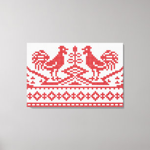 Red Roosters cross-stitch Russian Pattern Canvas Print