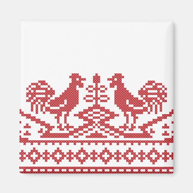 Red Roosters cross-stitch Russian Pattern Magnet (Front)