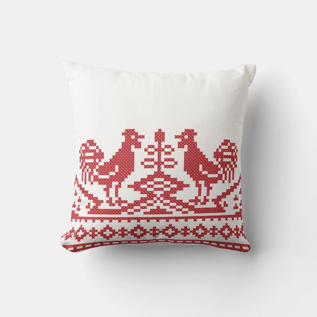 Red Roosters cross-stitch Russian Pattern Throw Pillow (Front)