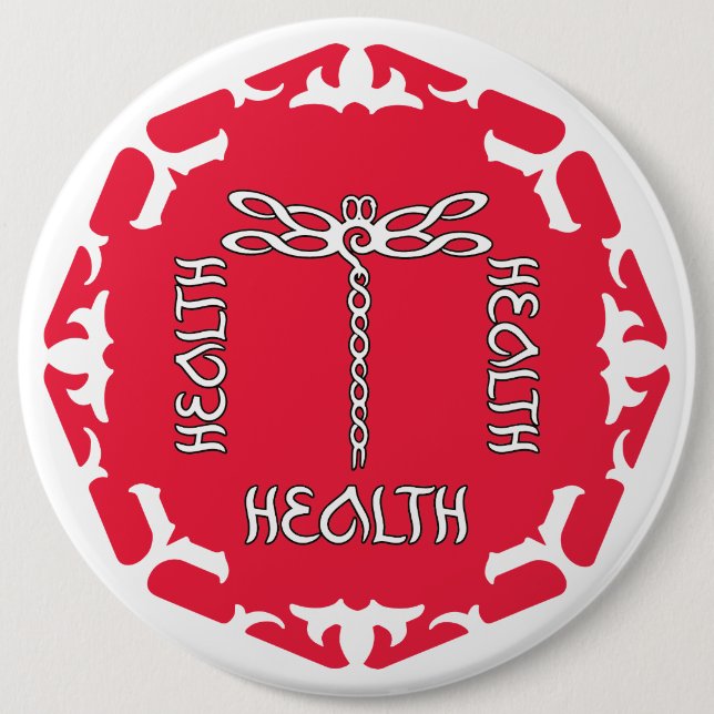 Red Root Chakra "Health" Dragonfly White BG 6 Inch Round Button (Front)
