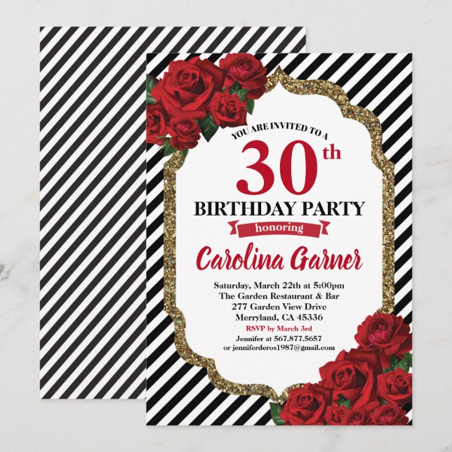 Red rose 30th birthday invitation for gold (Front/Back)