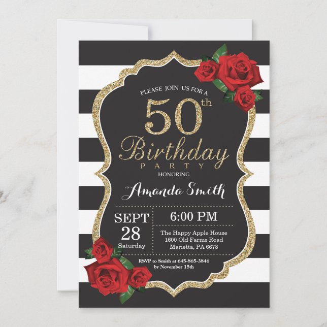 Red Rose 50th Birthday Invitation Gold Glitter (Front)