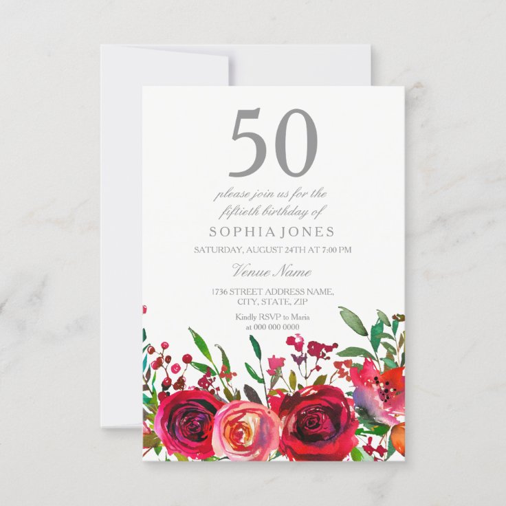 Red Rose 50th Birthday Party Invitation Zazzleca