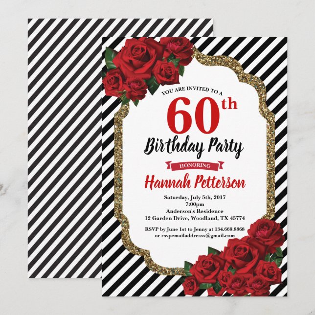 Red rose 60th birthday party invitation woman (Front/Back)