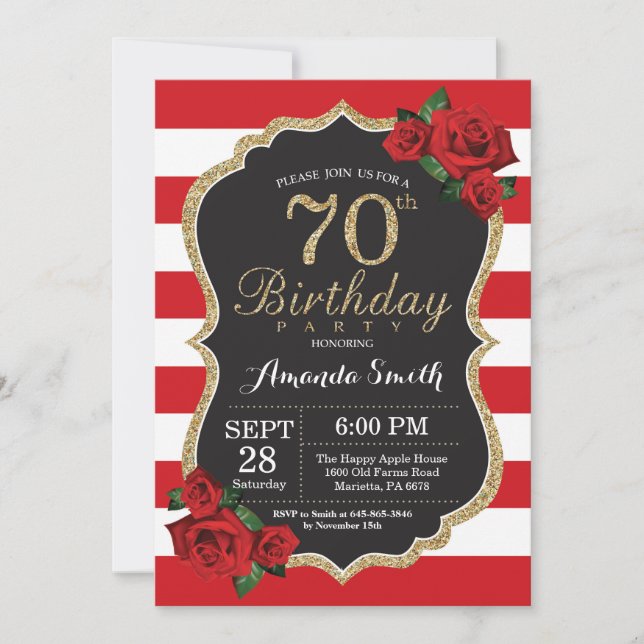 Red Rose 70th Birthday Invitation Gold Glitter (Front)