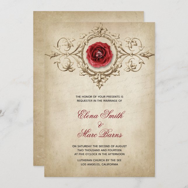 Red Rose And Beige Ornament Wedding Invitation (Front/Back)