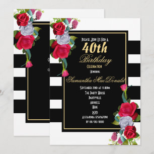 Red rose and black stripe 40th birthday invitation