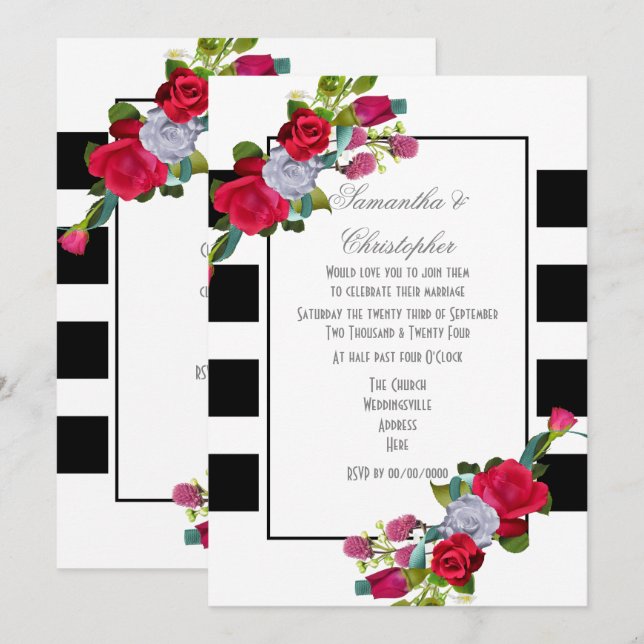 Red rose and black stripe wedding invitation (Front/Back)