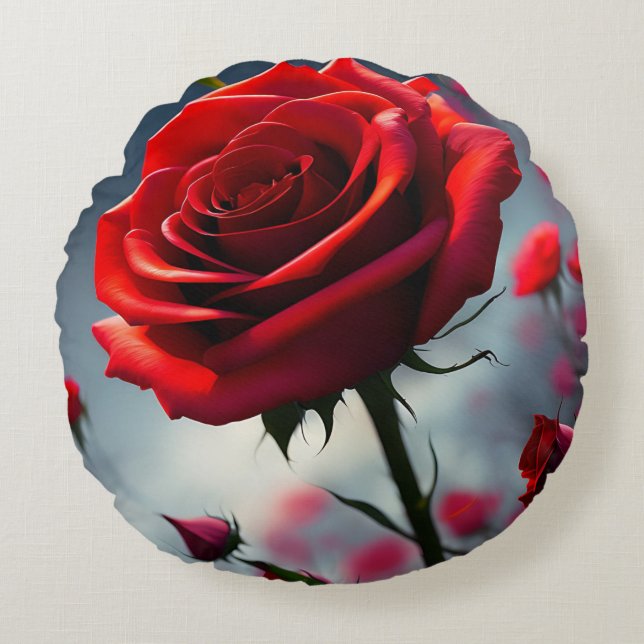 Red Rose And Buds, Round Cushion (Front)