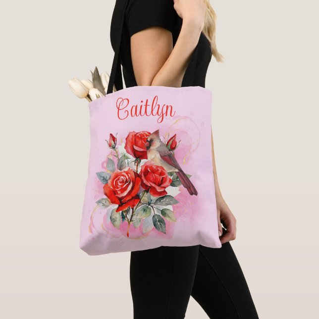 Red Rose and Cardinal Tote Bag (Close Up)