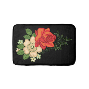 Red Rose and Daisies Black Background Bath Mat
