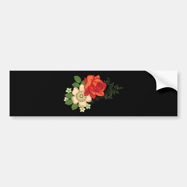 Red Rose and Daisies Black Background Bumper Sticker (Front)