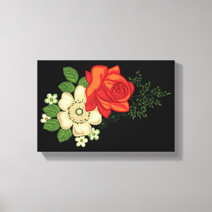Red Rose and Daisies Black Background Canvas Print