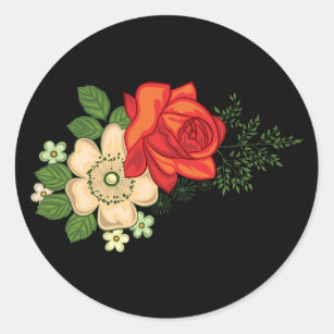 Red Rose and Daisies Black Background Classic Round Sticker